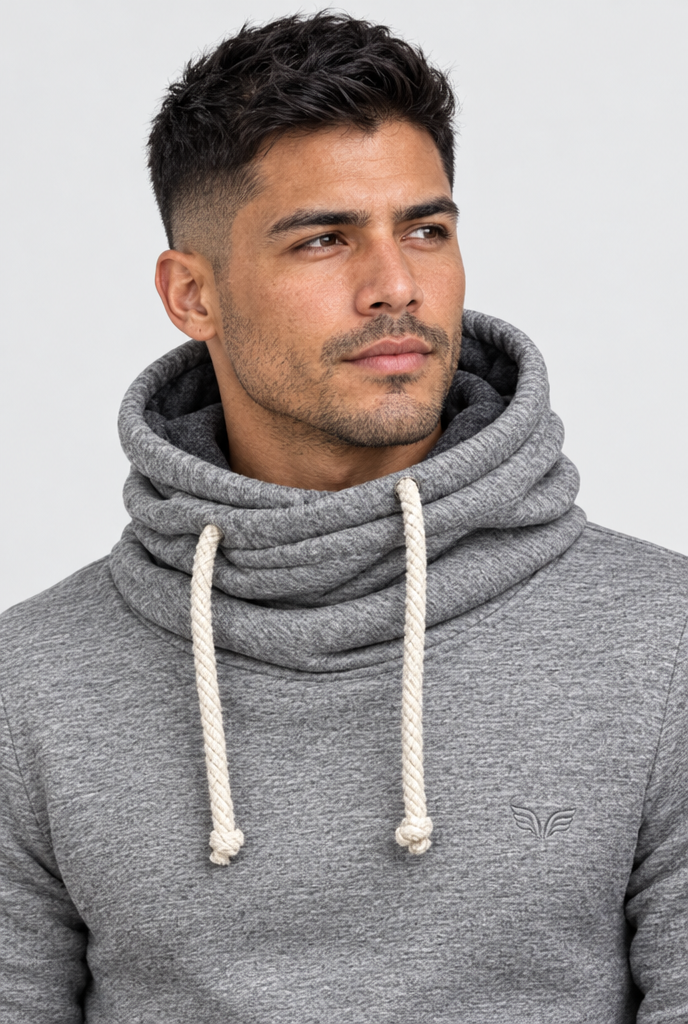 Heather Gray cowl-neck pullover hoodie, cowl close-up