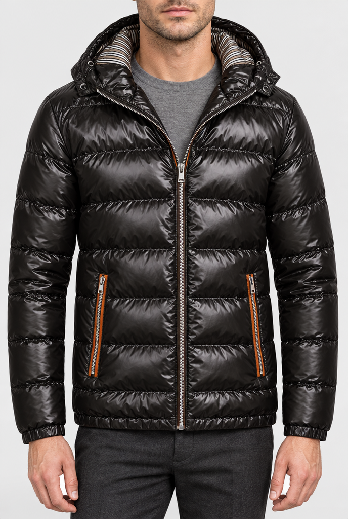Black glossy hooded puffer jacket, front detail