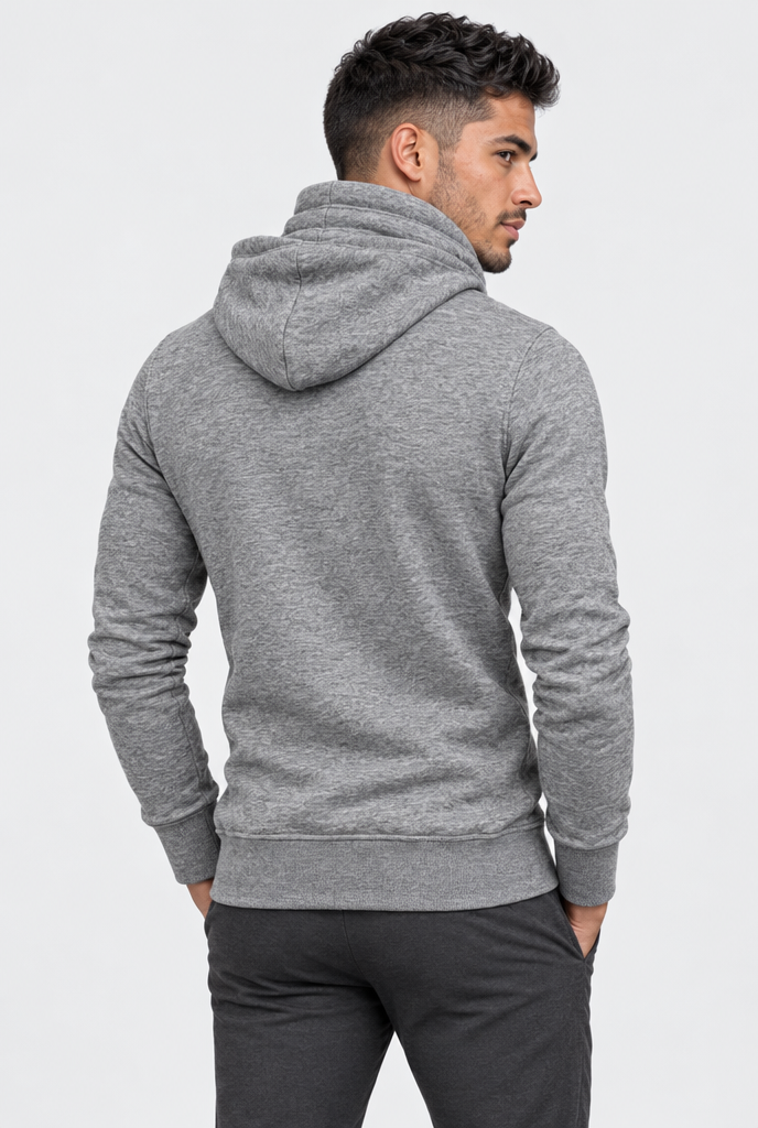 Heather Gray cowl-neck pullover hoodie, back view