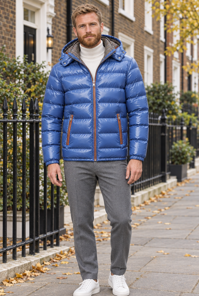 Blue glossy hooded puffer jacket, lifestyle
