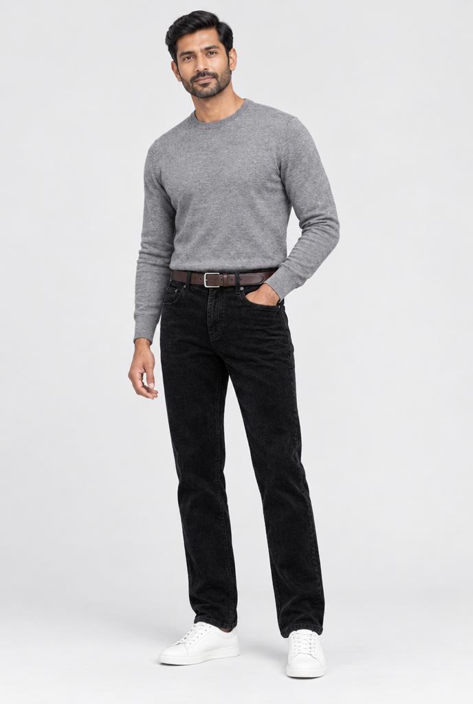 Pantalon droit en velours côtelé doublé — Noir — silhouette complète