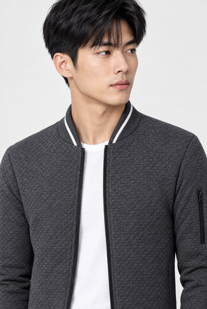 Charcoal quilted zip bomber jacket, collar