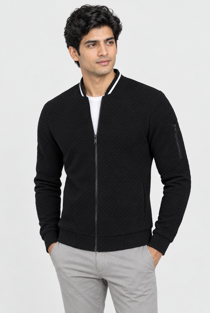 Black quilted zip bomber jacket, hero