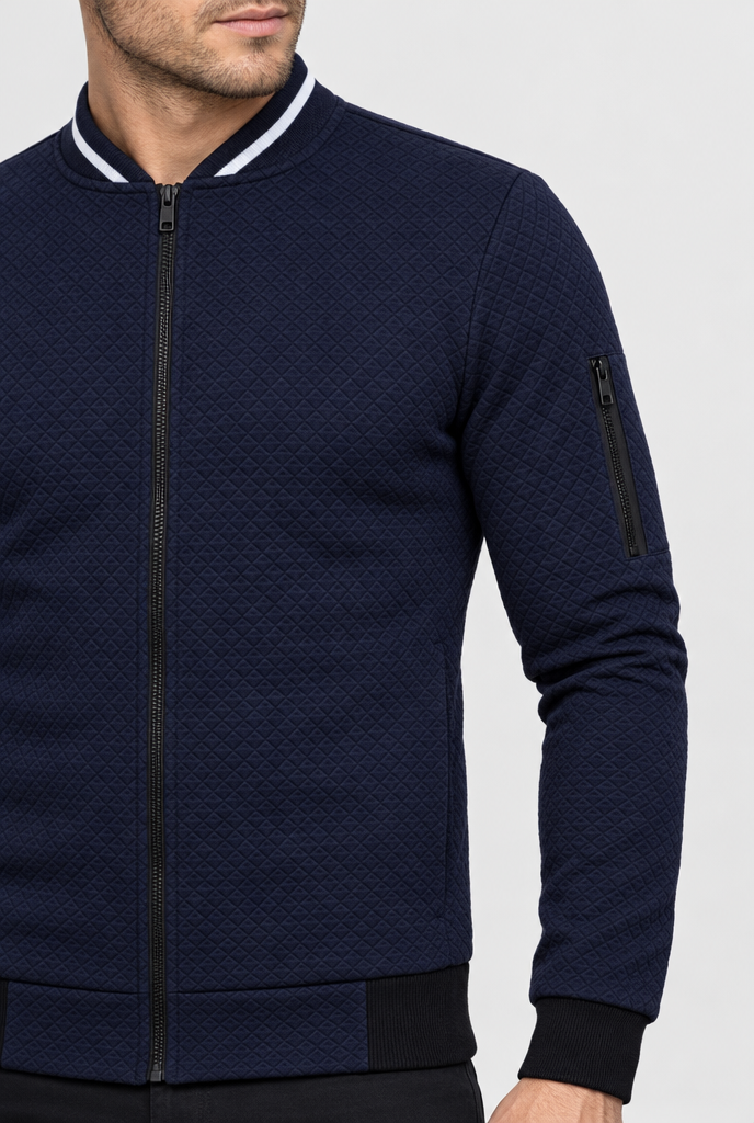 Navy quilted zip bomber jacket, detail