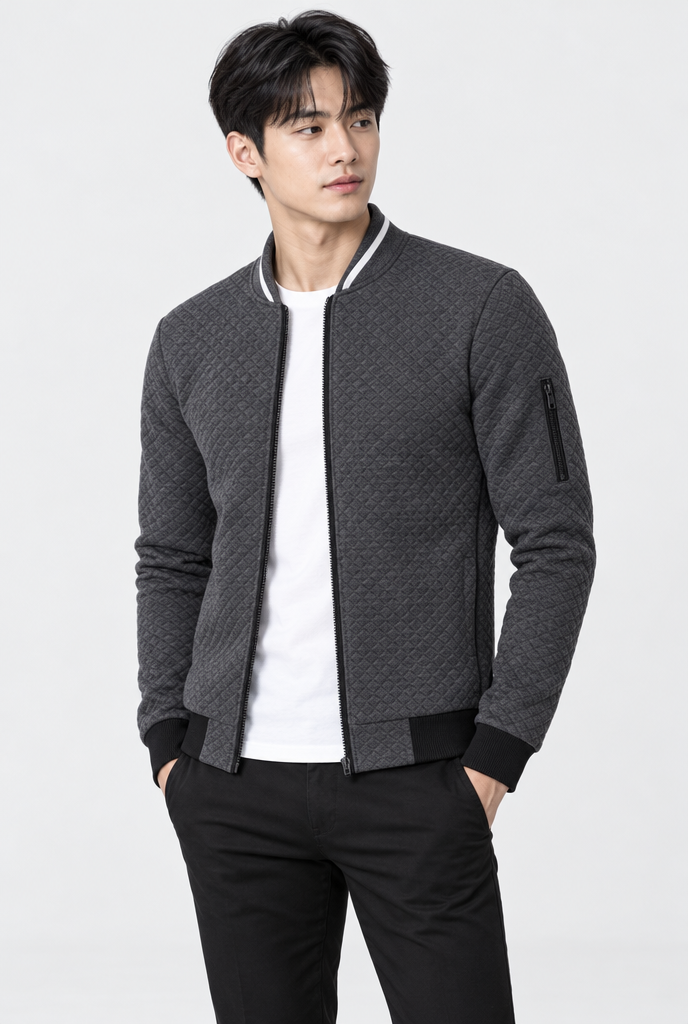 Charcoal quilted zip bomber jacket, hero