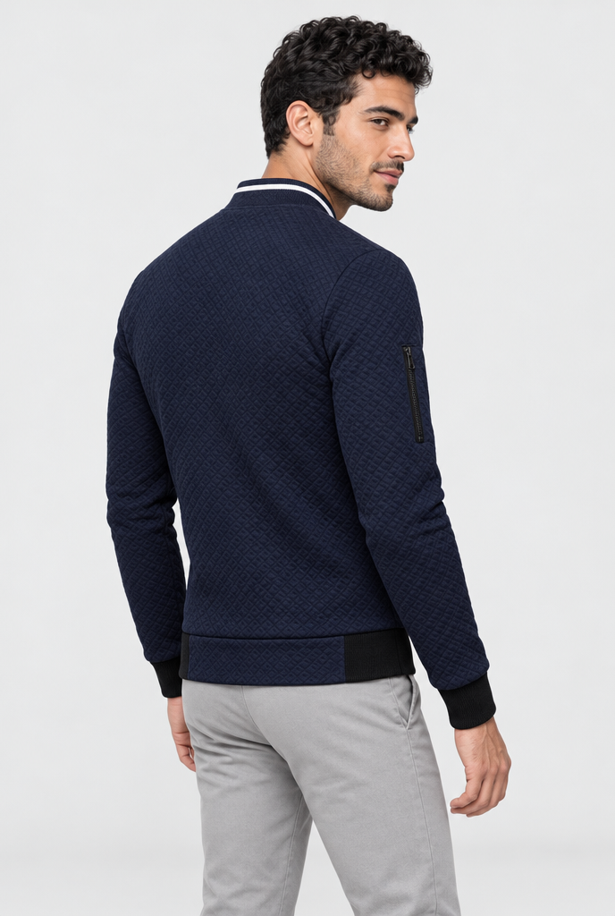 Navy quilted zip bomber jacket, back