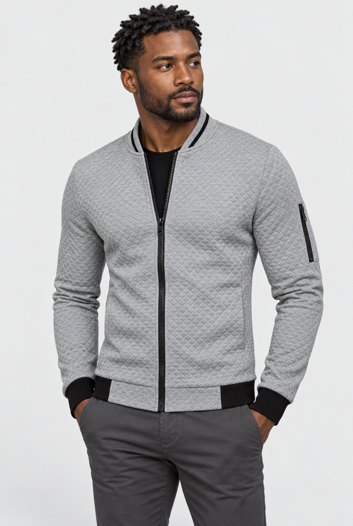 Light Grey quilted zip bomber jacket, hero