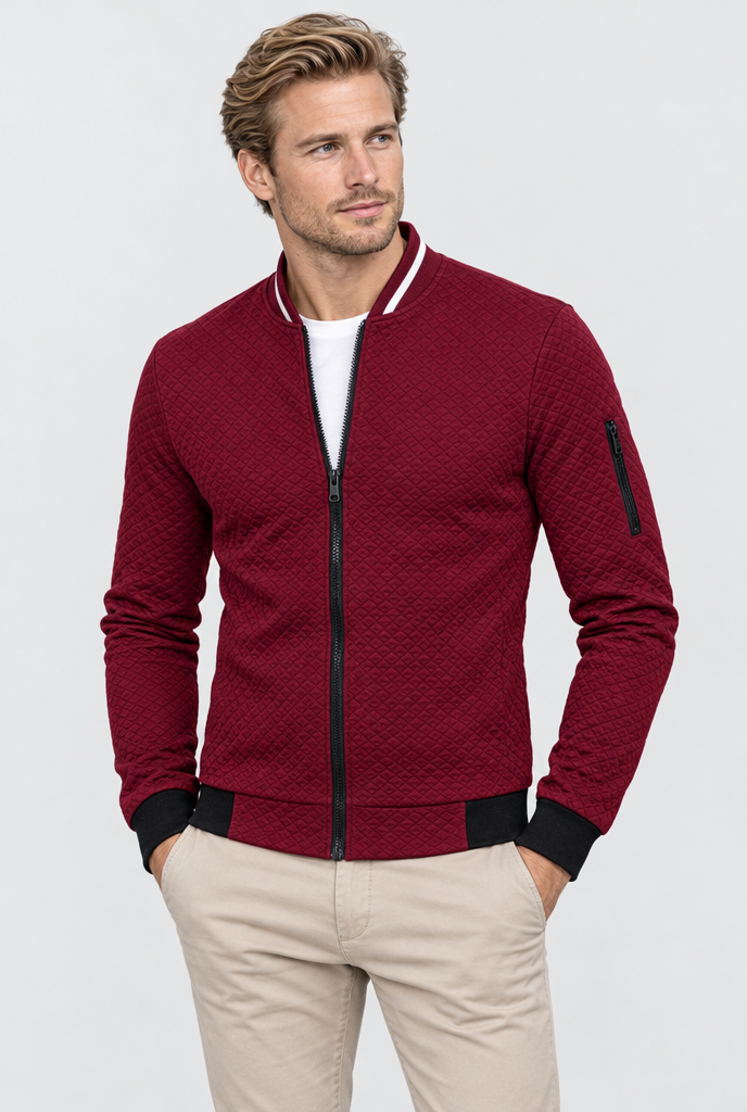Burgundy quilted zip bomber jacket, hero