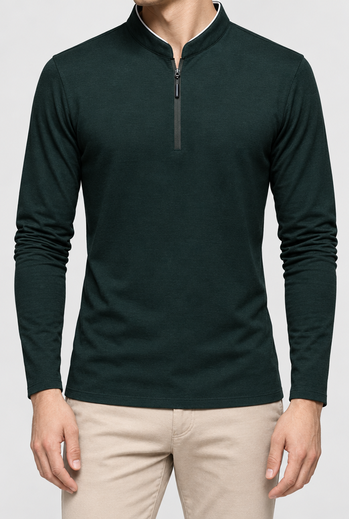 T-shirt manches longues col montant zippé — Vert forêt — détail