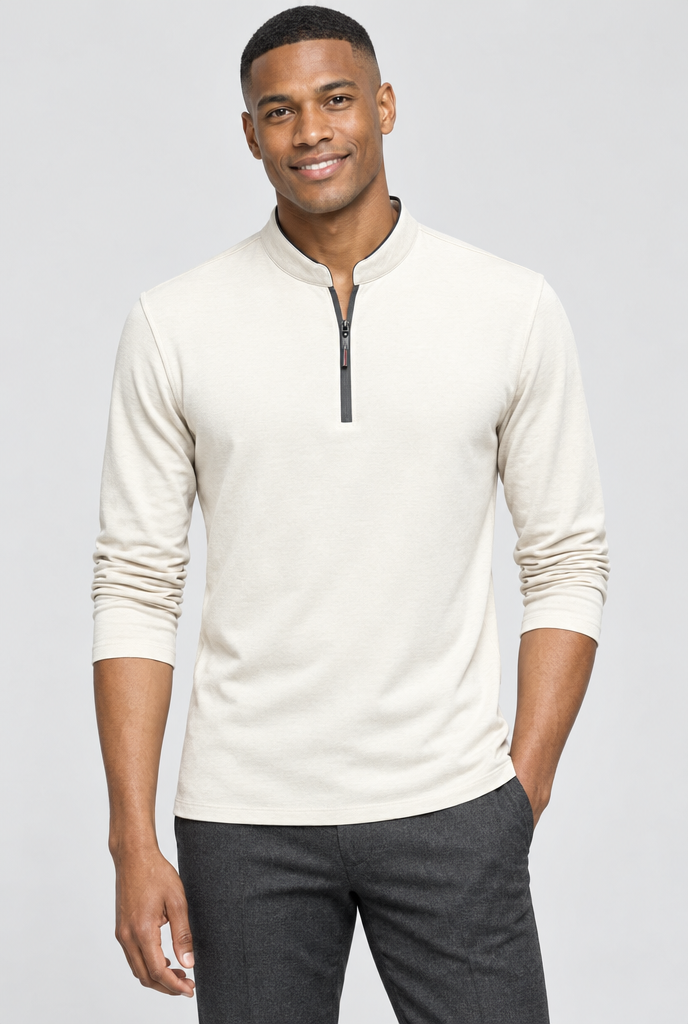 T-shirt manches longues col montant zippé — Crème — photo studio