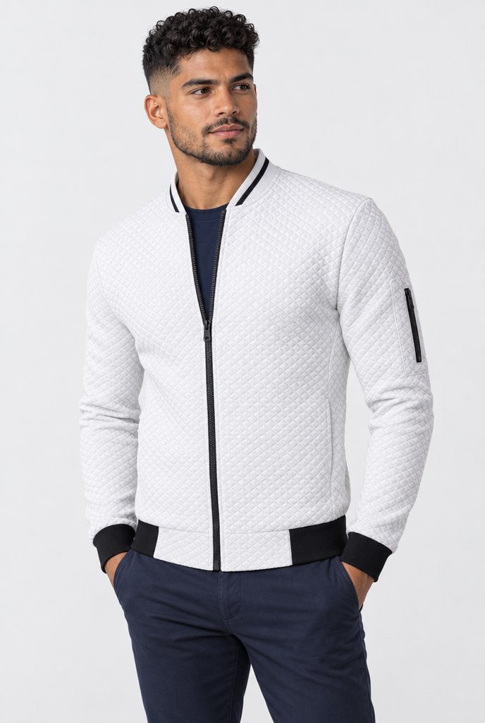 White quilted zip bomber jacket, hero