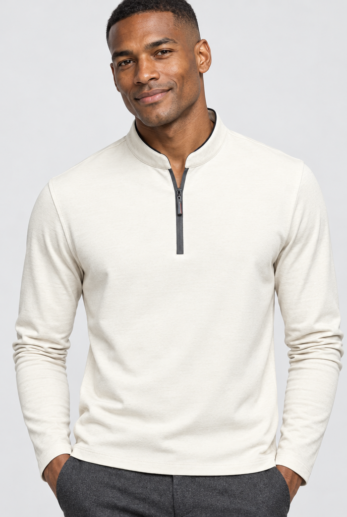 T-shirt manches longues col montant zippé — Crème — détail du col