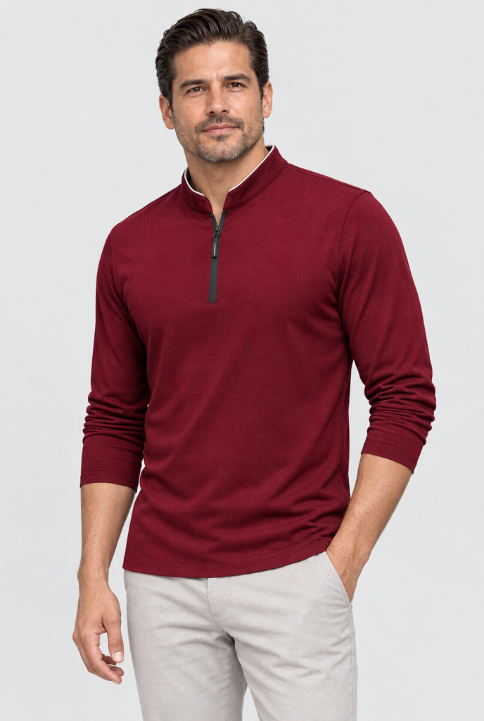 T-shirt manches longues col montant zippé — Bordeaux — photo studio