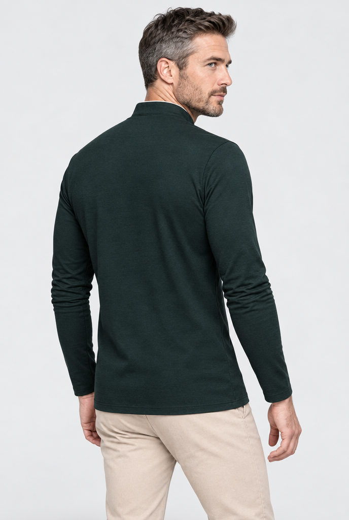 T-shirt manches longues col montant zippé — Vert forêt — vue de dos