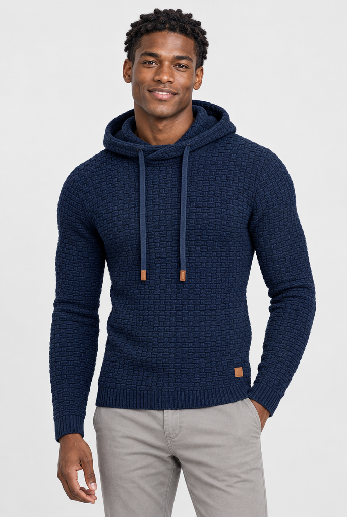 Pull à capuche en maille vannerie — Marine — photo studio