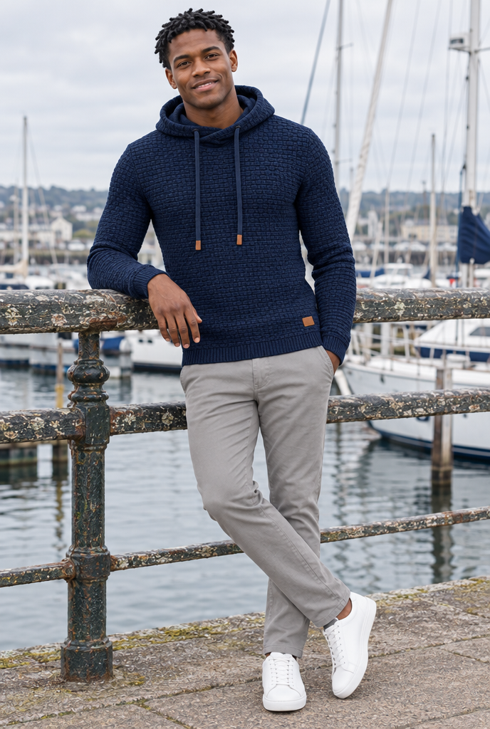 Pull à capuche en maille vannerie — Marine — en situation