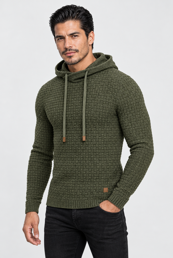 Pull à capuche en maille vannerie — Olive — photo studio