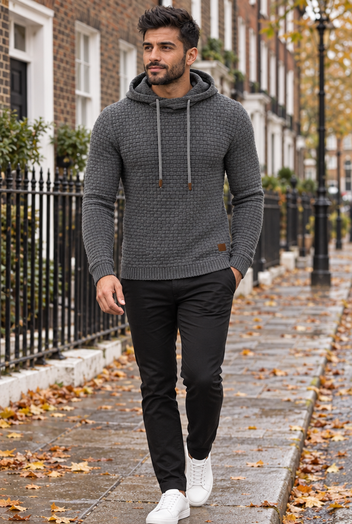 Pull à capuche en maille vannerie — Anthracite — en situation