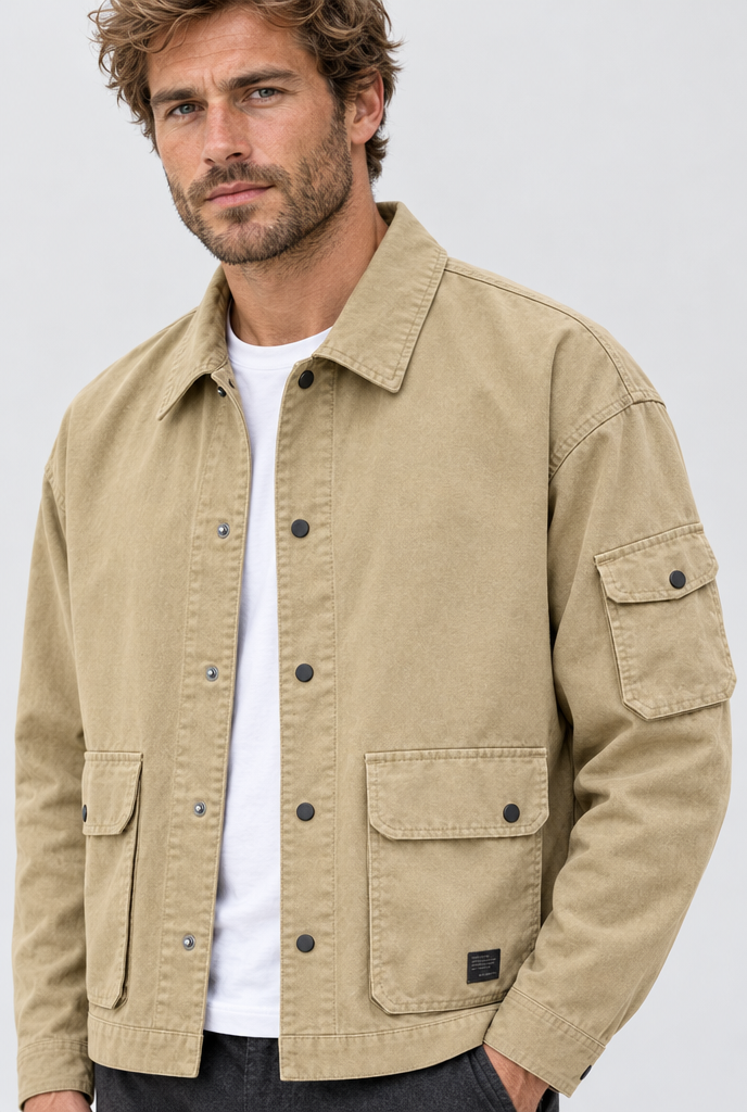 Veste de travail utilitaire à poches rabat Homme — Kaki — détail du col