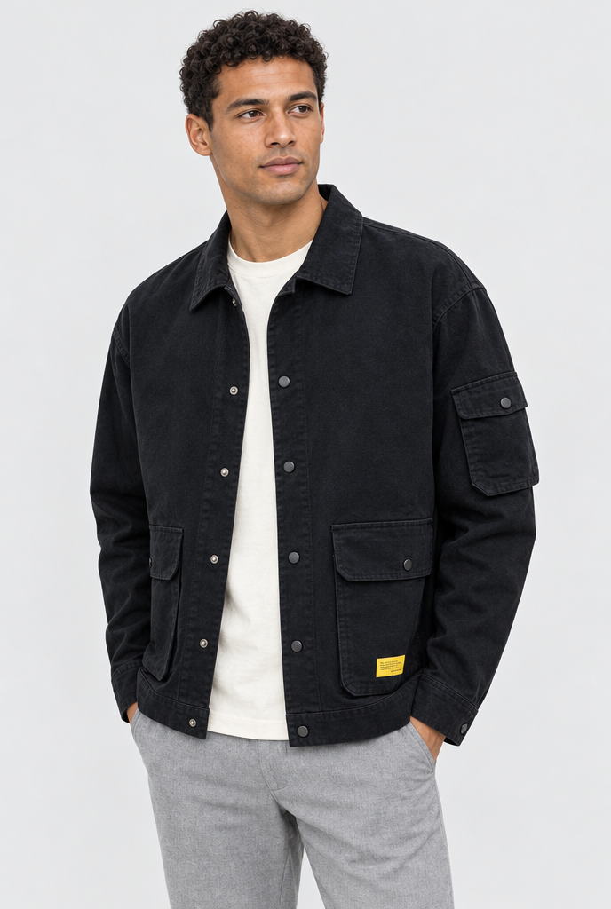 Veste de travail utilitaire à poches rabat Homme — Noir — photo studio