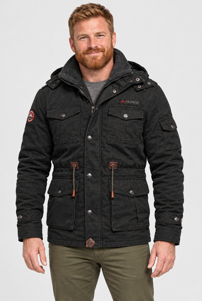 Black hooded field jacket, studio hero