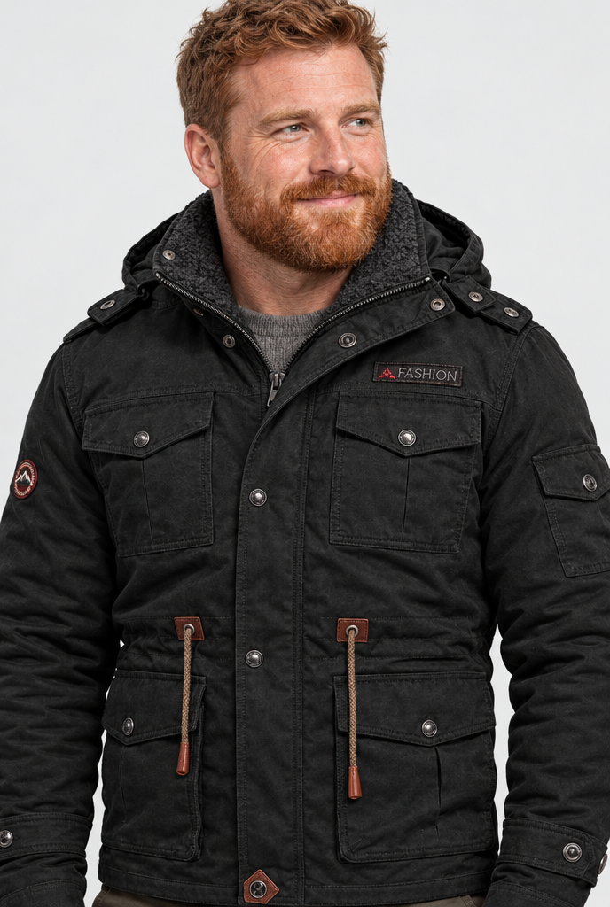 Black hooded field jacket, collar close-up