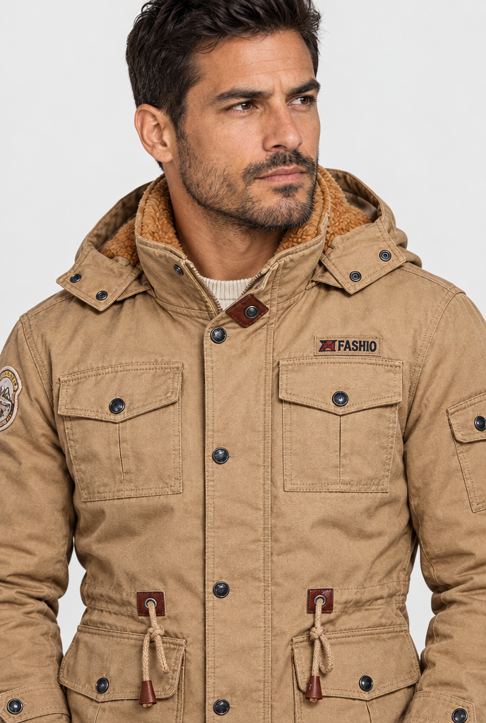 Khaki hooded field jacket, collar close-up