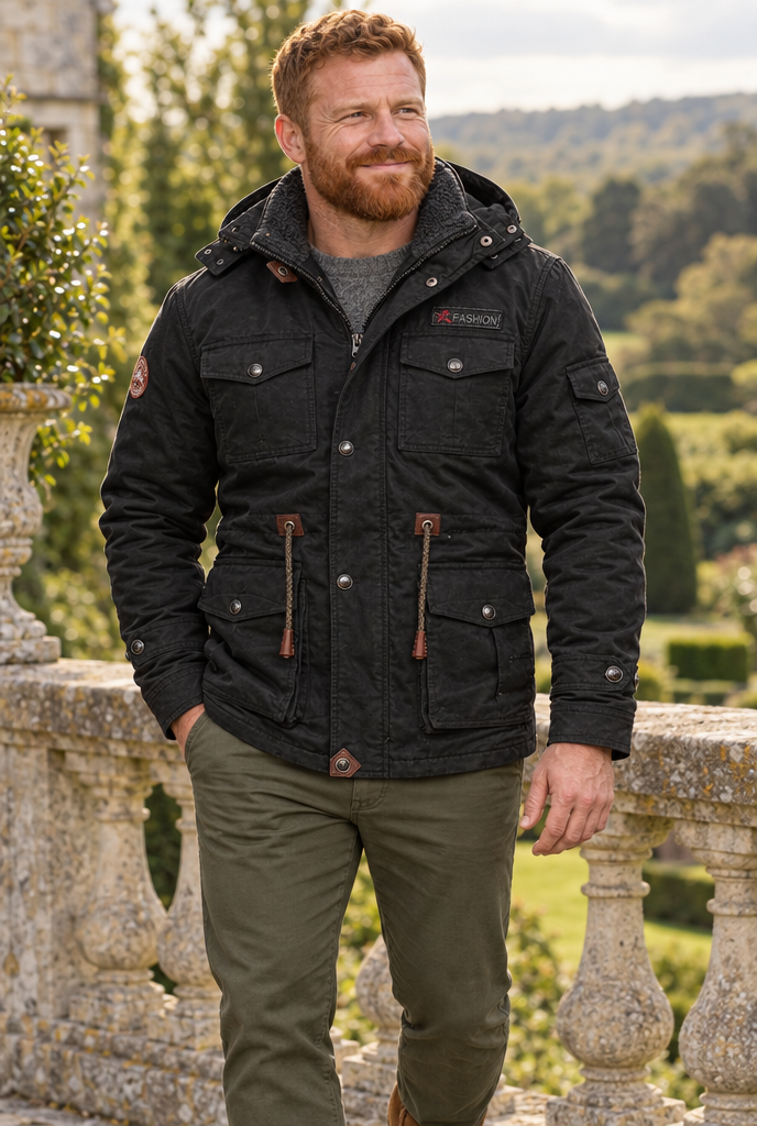 Black hooded field jacket, lifestyle