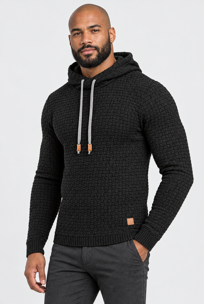 Pull à capuche en maille vannerie — Noir — photo studio