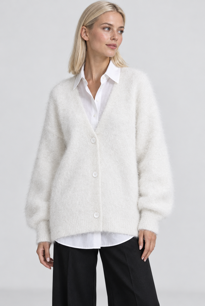 Gilet oversize duveteux boutonné col V — Ivoire — photo studio