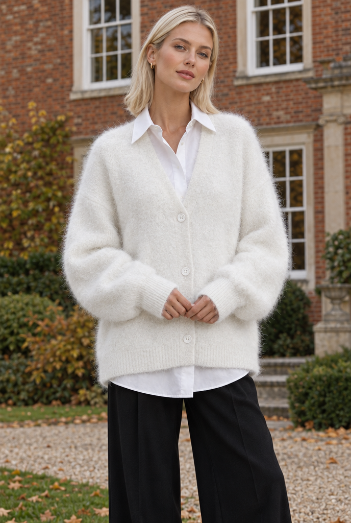 Gilet oversize duveteux boutonné col V — Ivoire — en situation