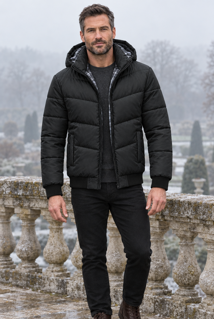 Black plaid-lined hooded puffer, lifestyle
