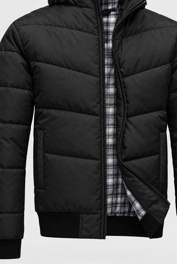 Black plaid-lined hooded puffer, pocket and lining detail