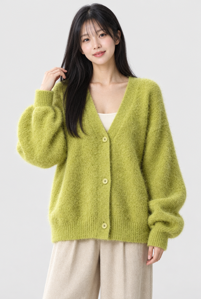 Gilet oversize duveteux boutonné col V — Matcha — photo studio