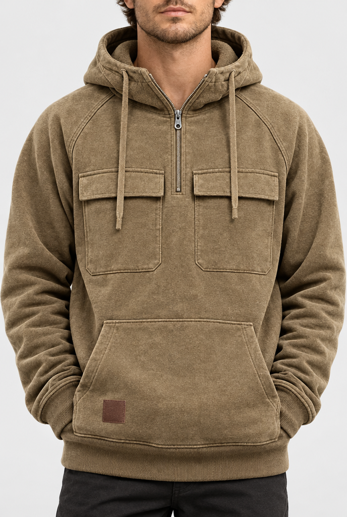 Sweat à capuche demi-zip à poches cargo — Marron — détail