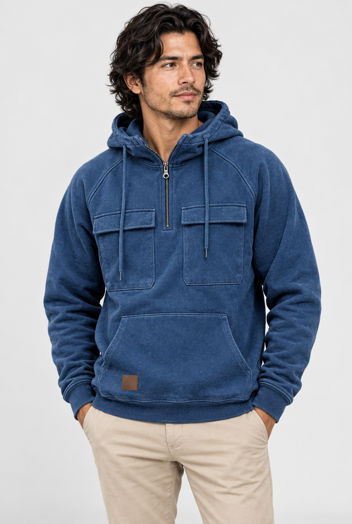 Sweat à capuche demi-zip à poches cargo — Bleu — photo studio