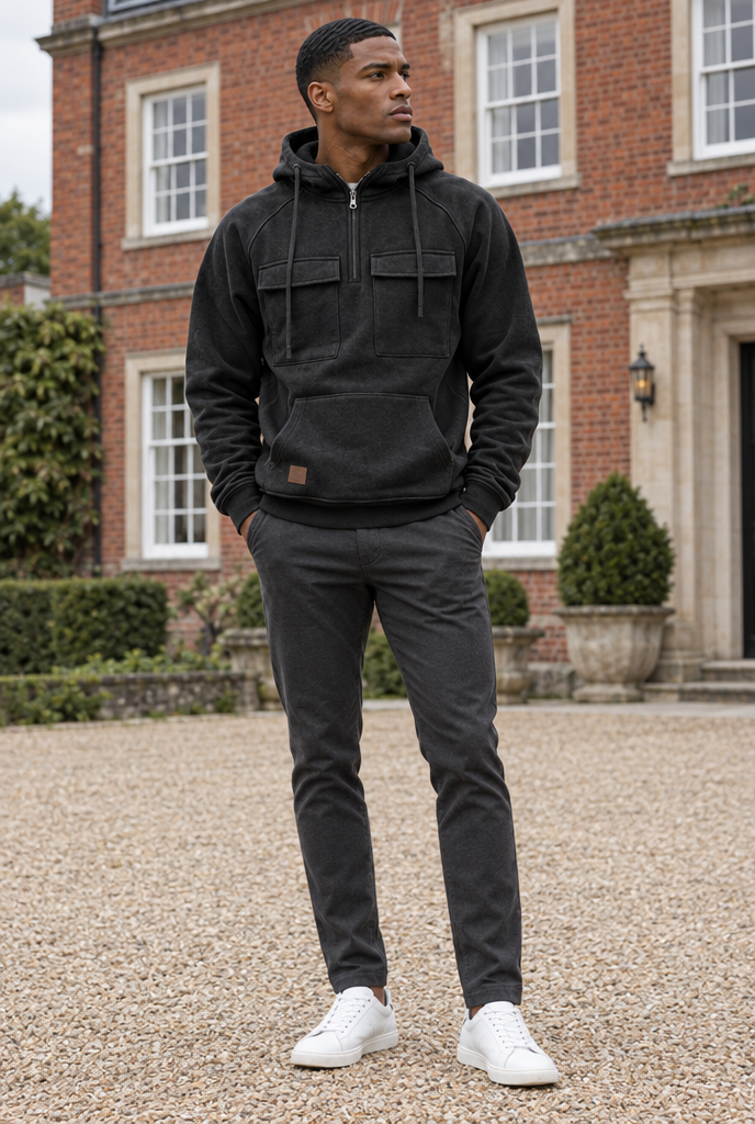 Sweat à capuche demi-zip à poches cargo — Noir — en situation