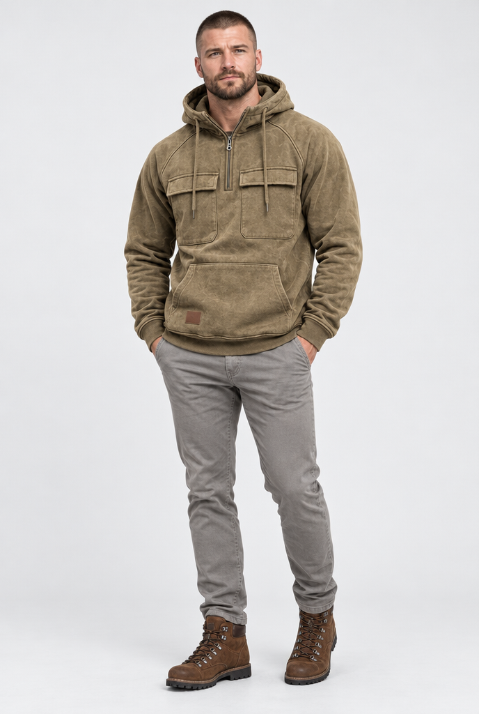 Sweat à capuche demi-zip à poches cargo — Marron — silhouette complète
