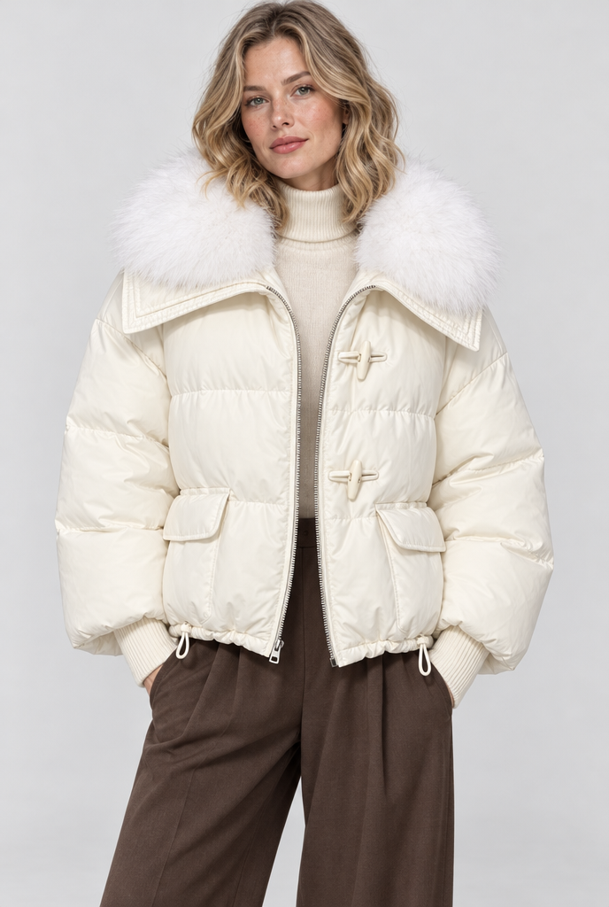 Doudoune courte à col en fausse fourrure — Blanc crème — photo studio