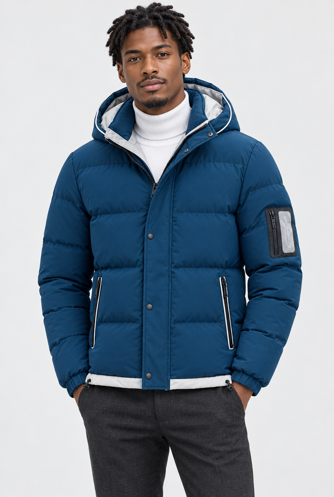 Petrol Blue hooded puffer jacket, studio hero