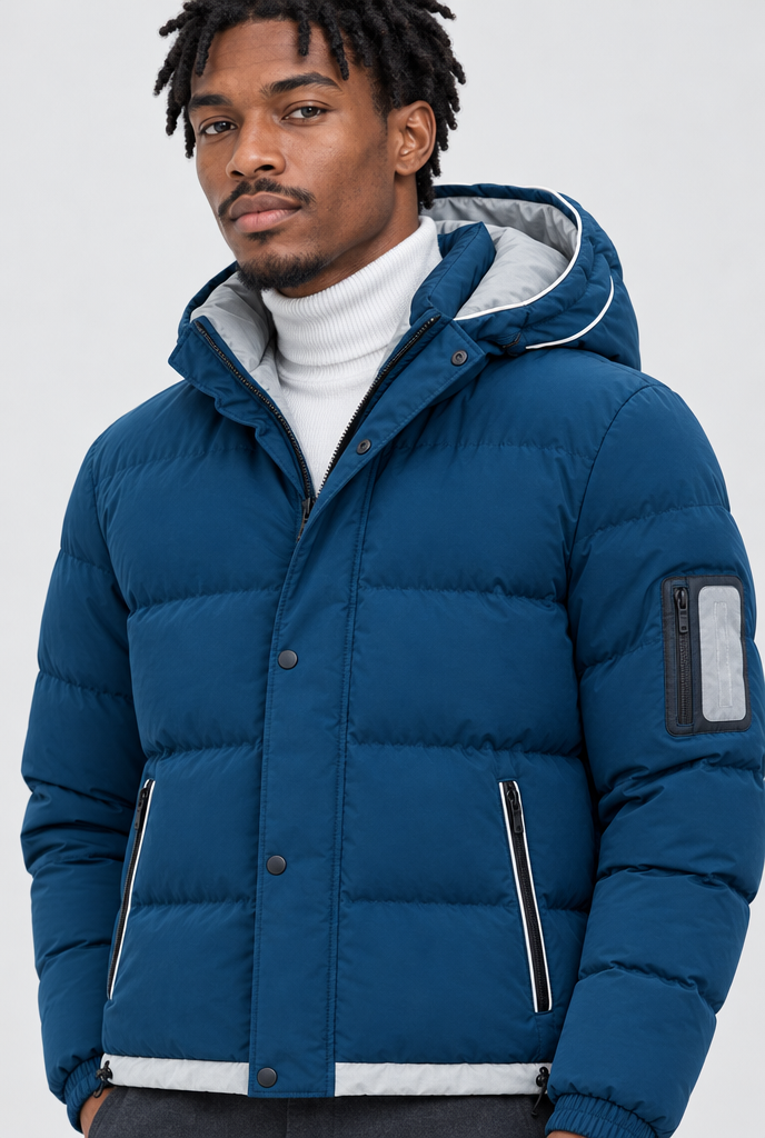 Petrol Blue hooded puffer jacket, hood close-up