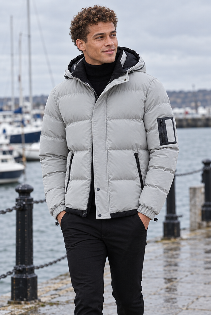 Stone Gray hooded puffer jacket, lifestyle