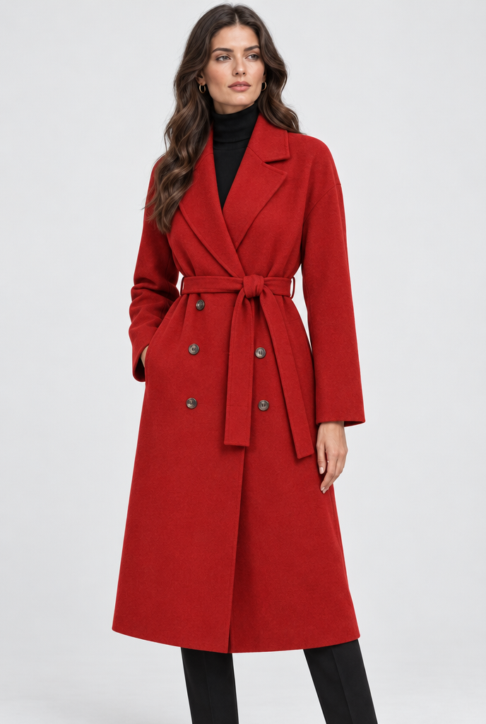 Manteau long croisé ceinturé effet laine — Rouge — photo principale