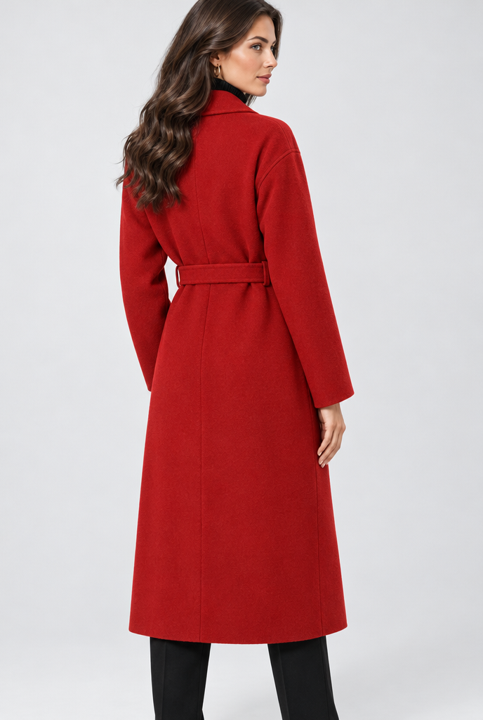 Manteau long croisé ceinturé effet laine — Rouge — vue de dos