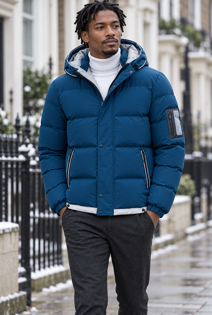 Petrol Blue hooded puffer jacket, lifestyle