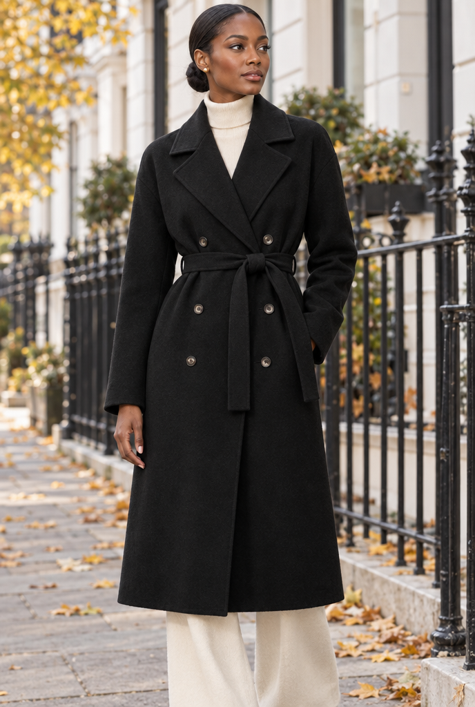 Manteau long croisé ceinturé effet laine — Noir — en situation