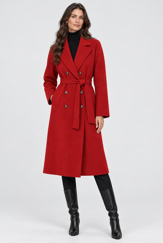 Manteau long croisé ceinturé effet laine — Rouge — silhouette complète