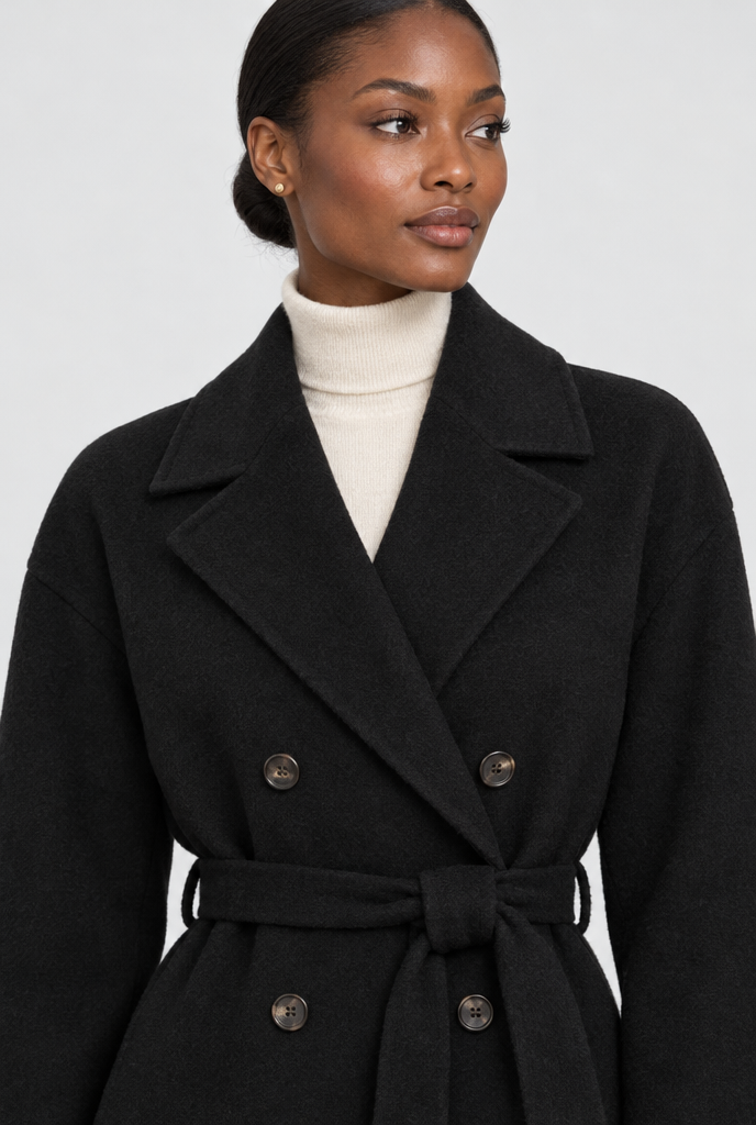 Manteau long croisé ceinturé effet laine — Noir — col