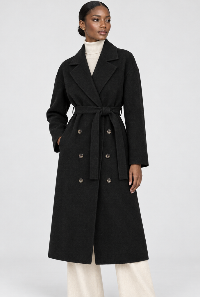 Manteau long croisé ceinturé effet laine — Noir — photo principale