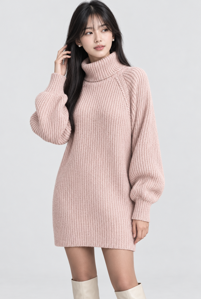 Robe pull col roulé oversize en maille côtelée — Rose poudré — photo principale